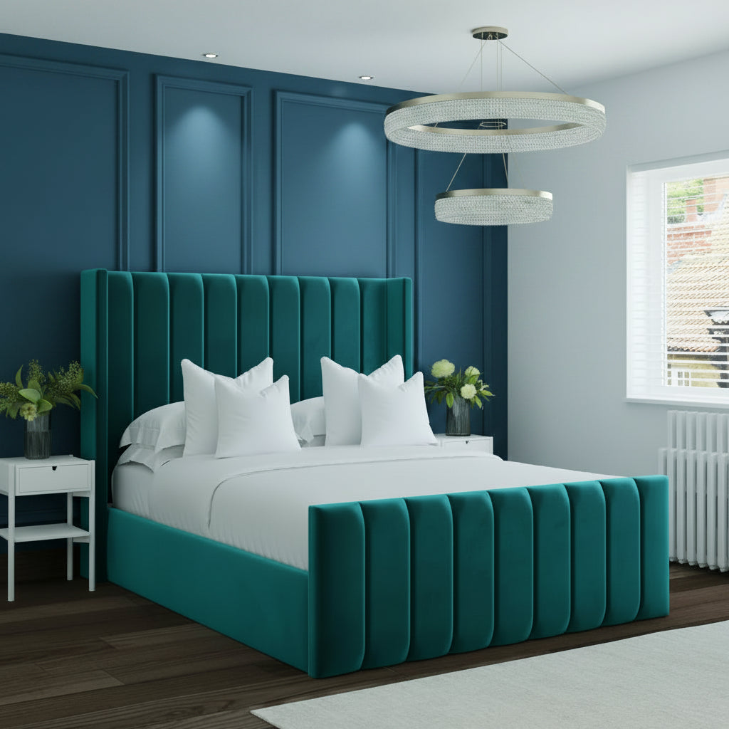 Teal upholstered bed in a modern bedroom with white walls and decor.