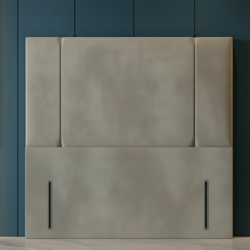 Gray headboard against a blue wall