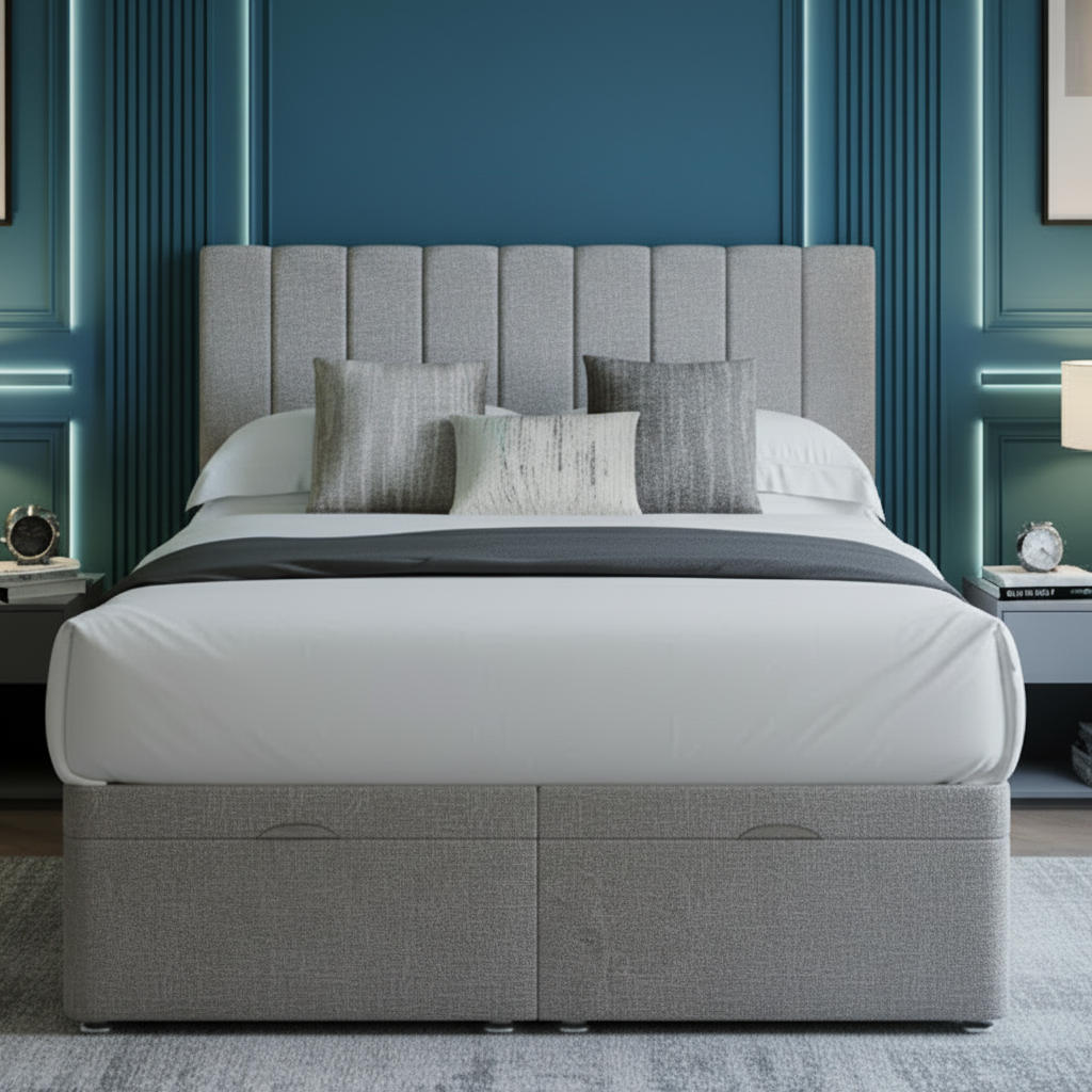ottoman divan bed, memory orthopaedic mattress, silk pocket sprung, underbed storage, British craftsmanship, gas lift bed, luxury bedroom furniture, medium firm mattress, vegan mattress, customisable bed