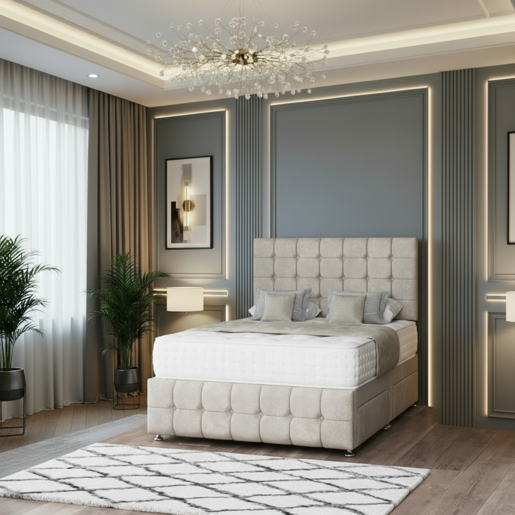 ashford divan bed, luxury divan bed uk, storage divan bed, upholstered fabric bed, pocket sprung mattress bed, memory foam divan bed, handmade uk bed frame, modern bedroom divan bed, storage bed with drawers, premium upholstered bed set