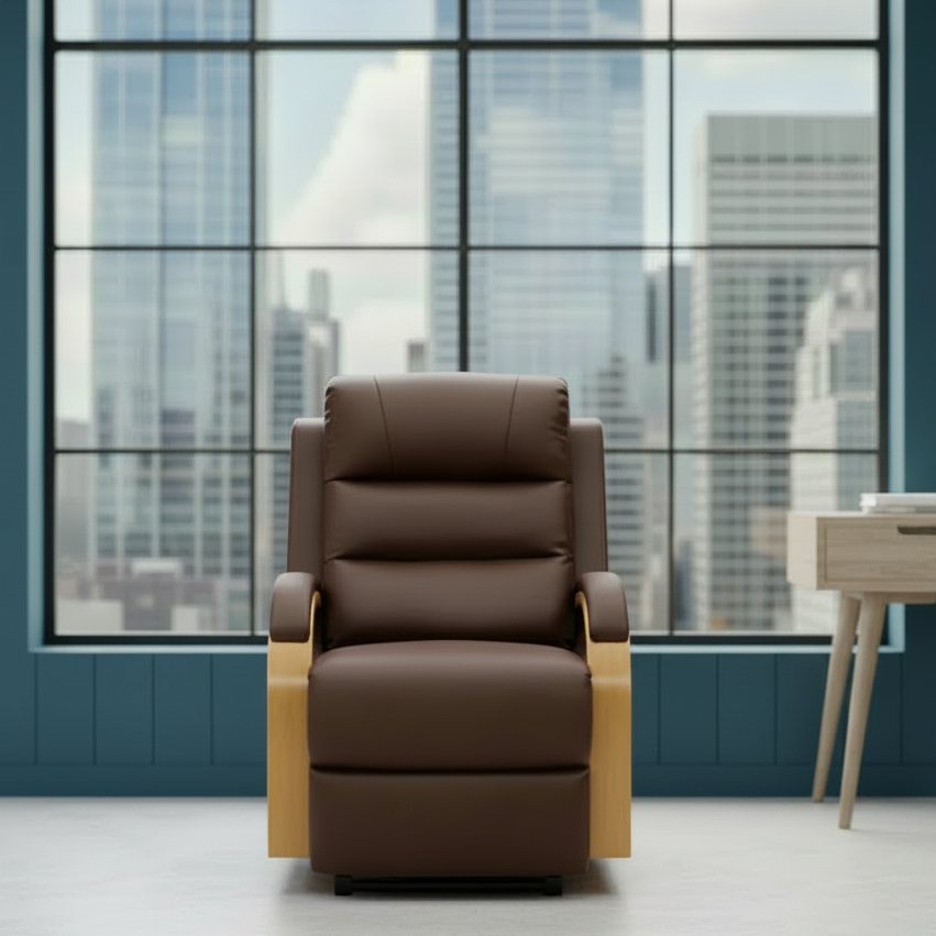 Brown leather recliner chair in a modern office setting with large windows.