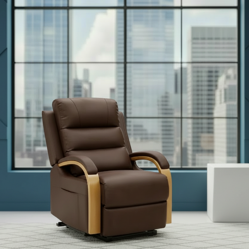 Brown recliner chair in a modern room with large windows showing a cityscape.