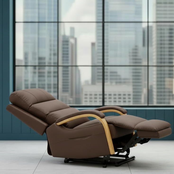 Brown recliner chair in a modern room with large windows overlooking a cityscape.