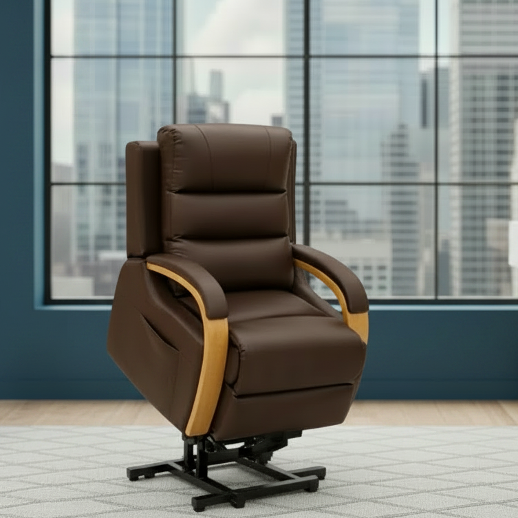 Brown leather recliner chair in a room with large windows and modern decor.