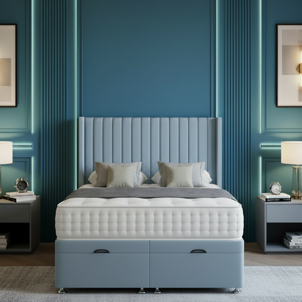 Modern bedroom with a large bed, side tables, and decorative elements.