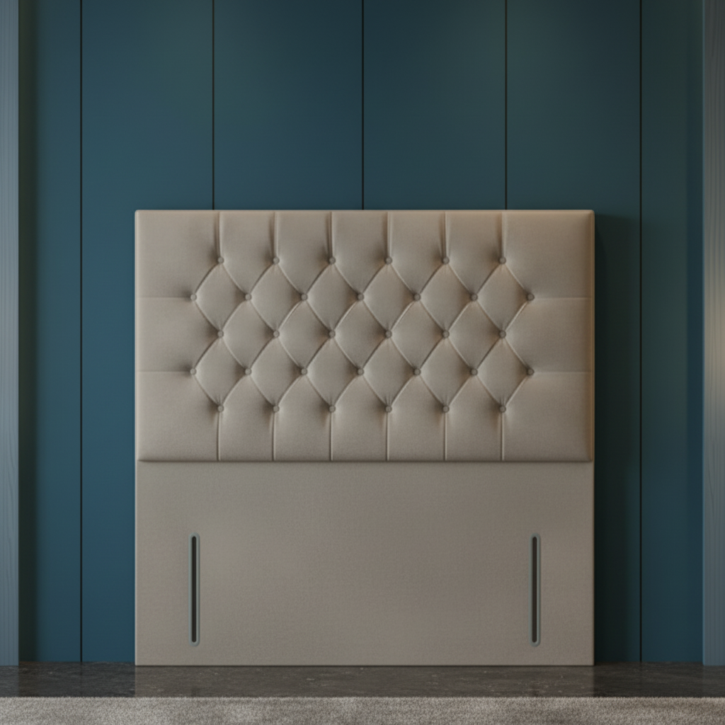 Beige tufted headboard against a marble wall with soft lighting