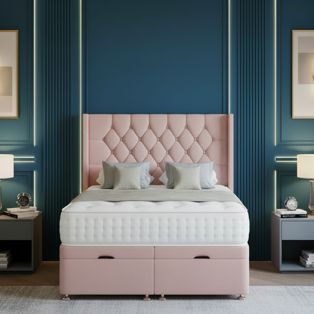 Modern bedroom with gray upholstered bed, nightstands, and decorative elements.