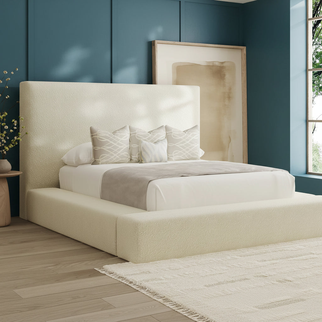 Beige upholstered bed with pillows in a room with a window and framed picture on the wall.