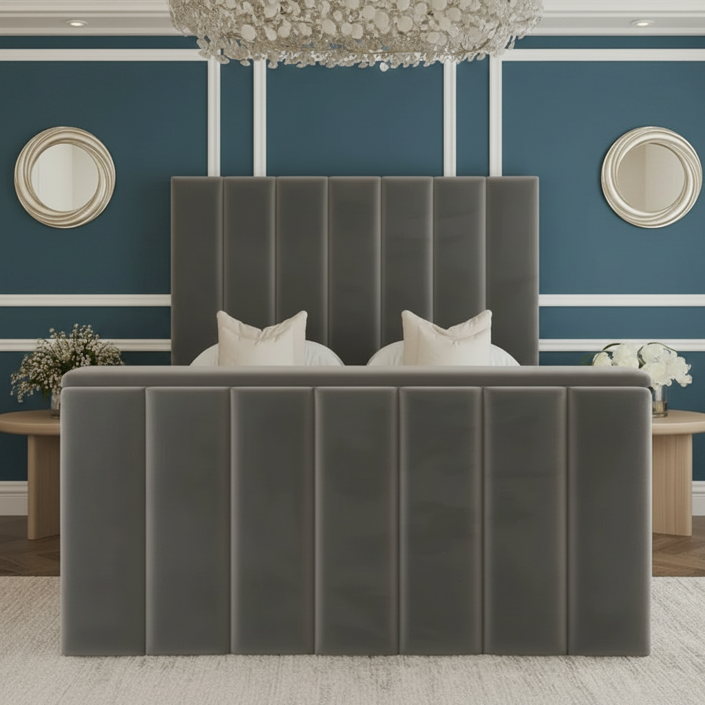 Gray upholstered bed with white pillows in a stylish bedroom setting.