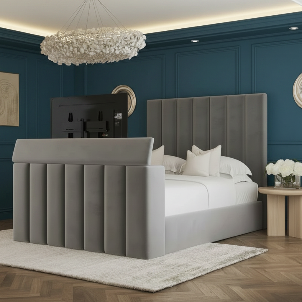 Gray upholstered bed with tufted headboard in a stylish bedroom setting.