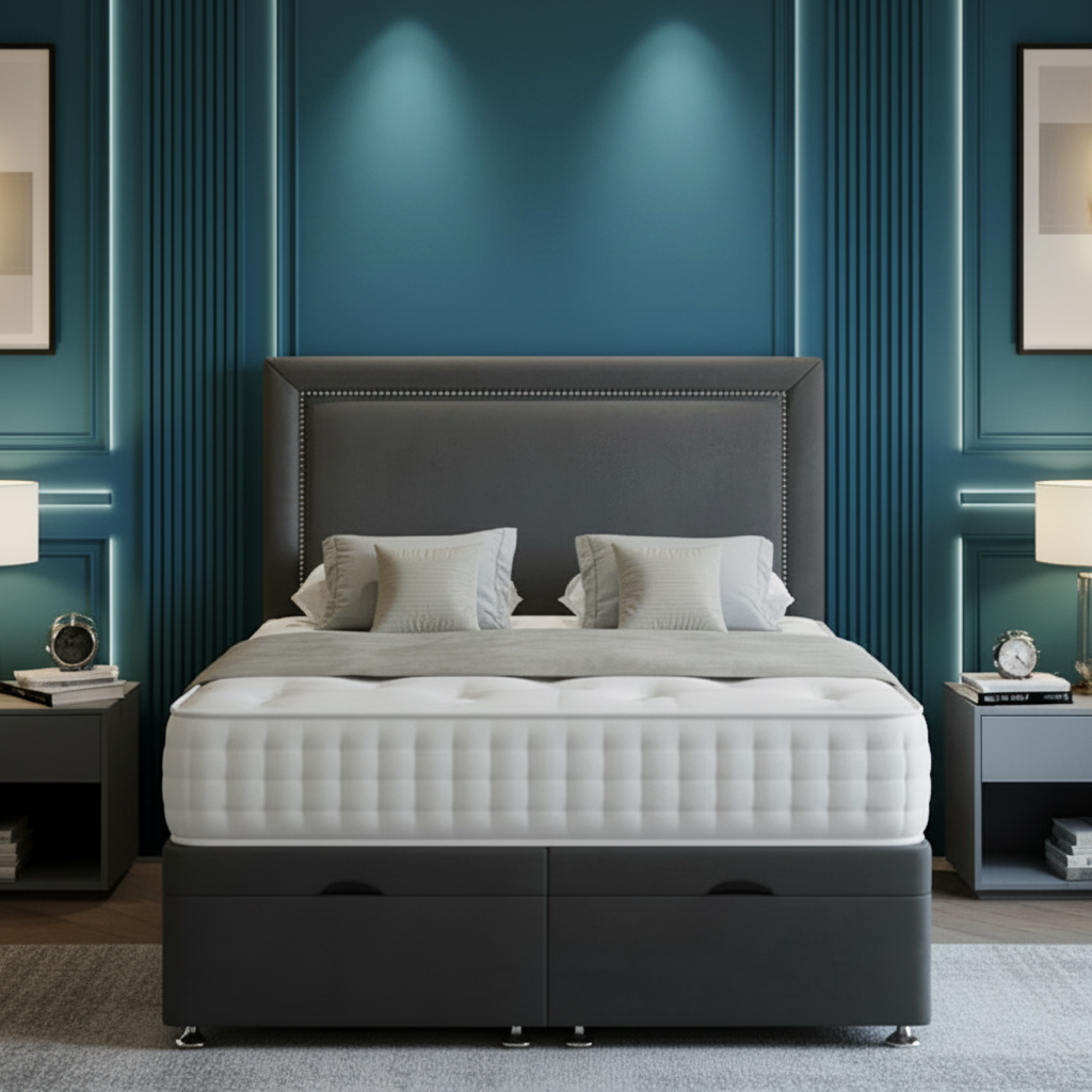 Modern bedroom with gray upholstered bed, nightstands, and decorative elements.