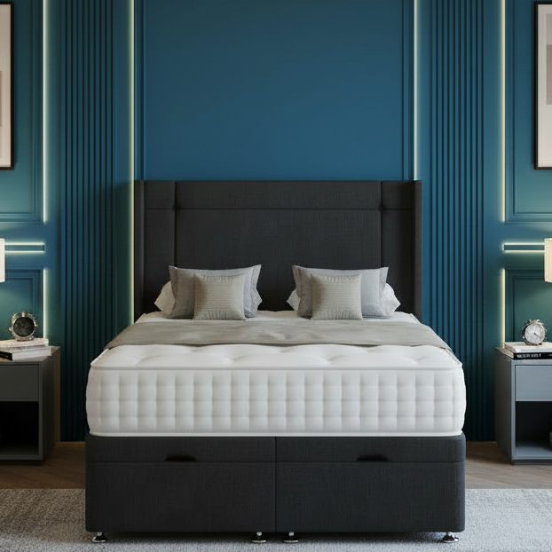 Modern bedroom with a black and white bed, nightstands, and decorative elements.