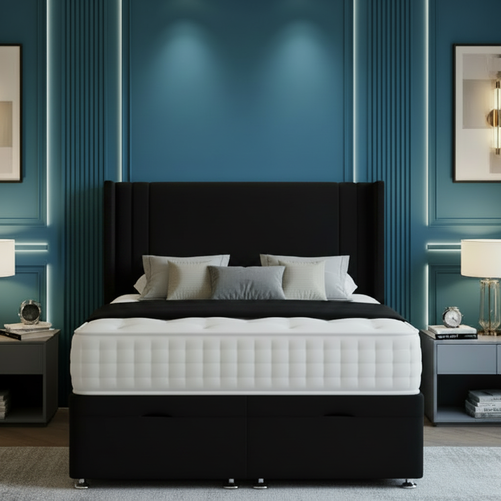 Modern bedroom with a black bed, white mattress, and decorative lighting.