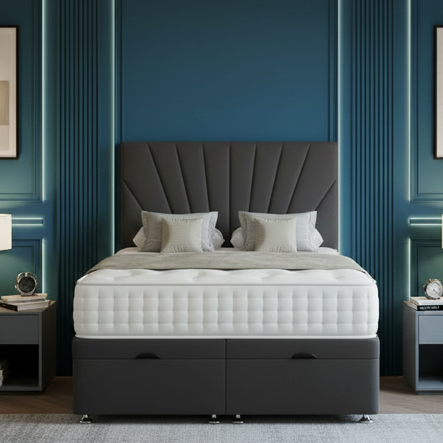 ottoman divan bed, cherry divan bed, storage divan bed, upholstered bed UK, luxury ottoman bed, floorstanding headboard, gas lift storage bed, pocket sprung mattress bed, modern bedroom bed, UK handmade bed

