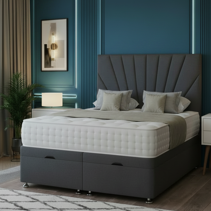 ottoman divan bed, cherry divan bed, storage divan bed, upholstered bed UK, luxury ottoman bed, floorstanding headboard, gas lift storage bed, pocket sprung mattress bed, modern bedroom bed, UK handmade bed