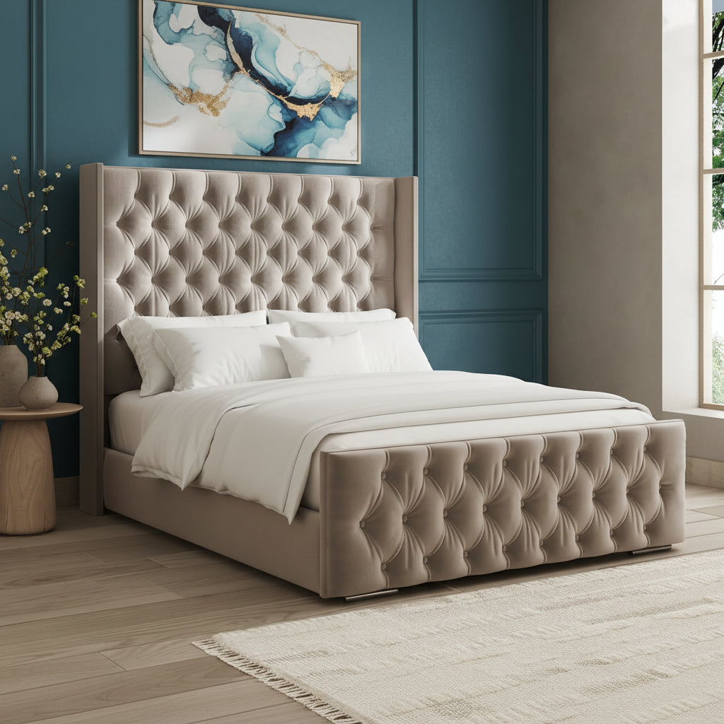 Beige tufted bed with decorative pillows in a modern bedroom setting.