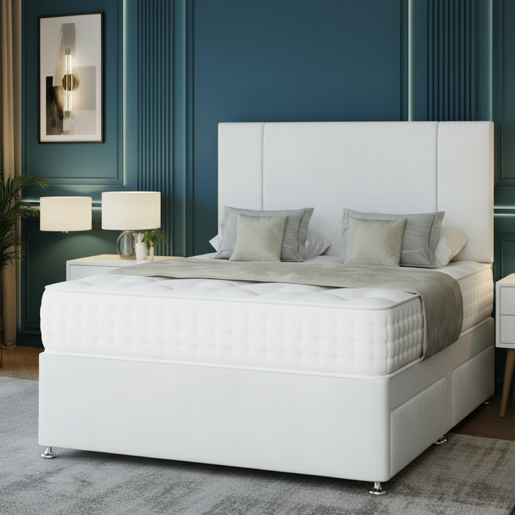 Gray upholstered bed in a bedroom with blue walls and decorative elements.