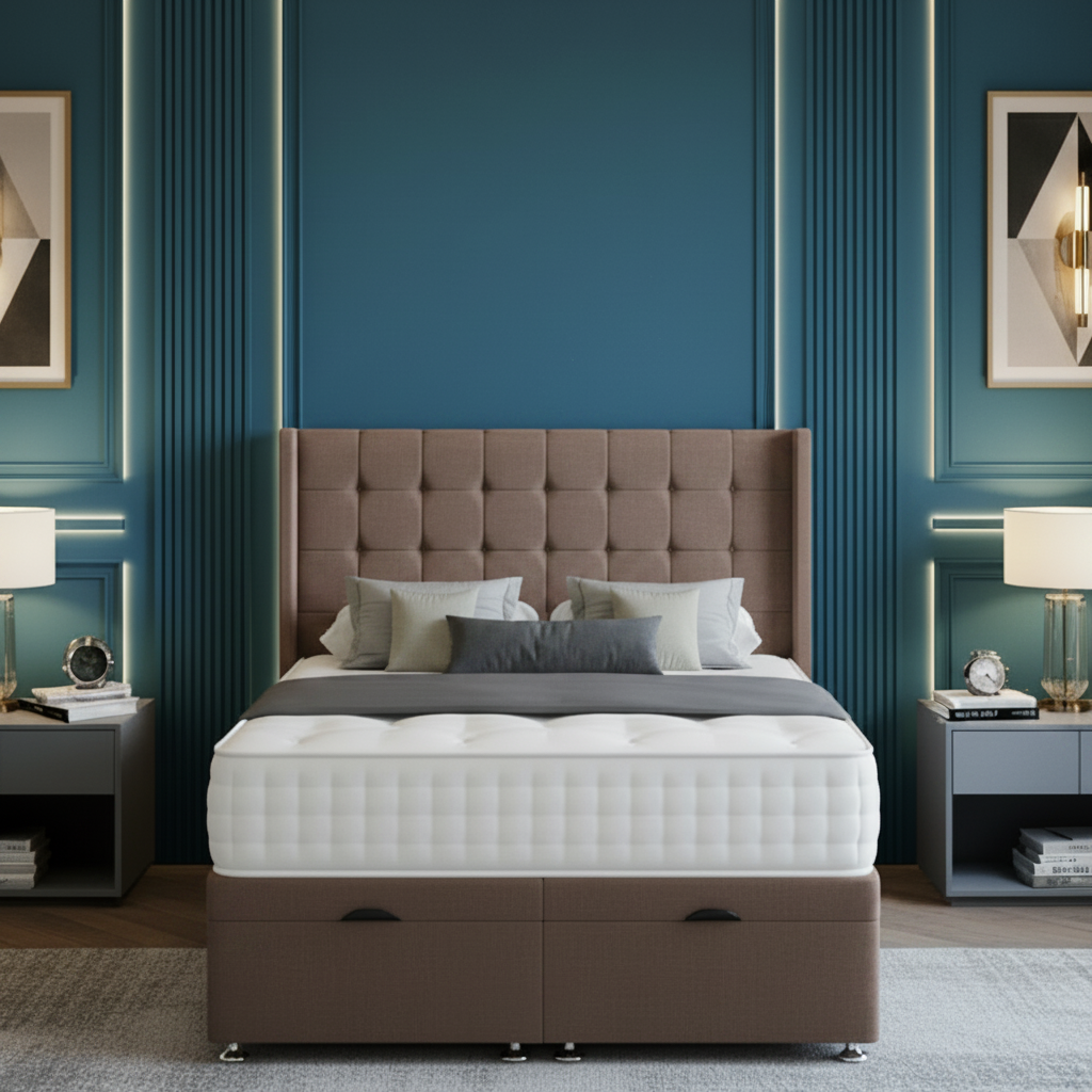 Modern bedroom with gray upholstered bed, nightstands, and decorative elements.