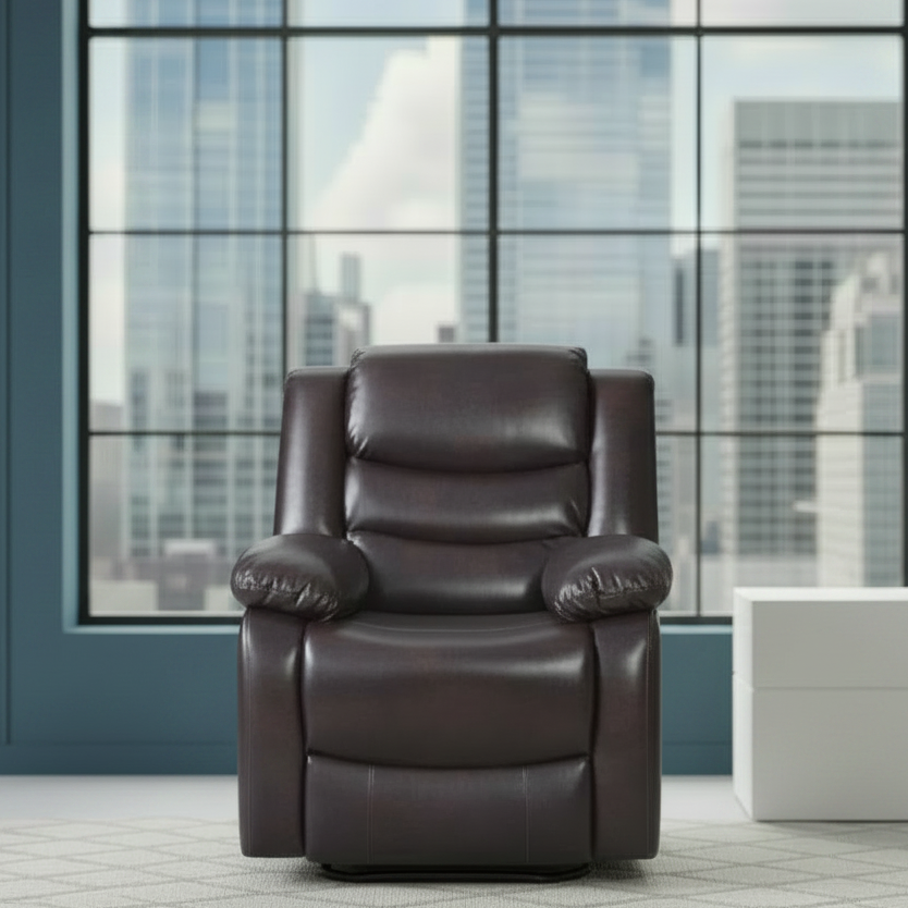 Brown leather recliner chair in a modern room with large windows.