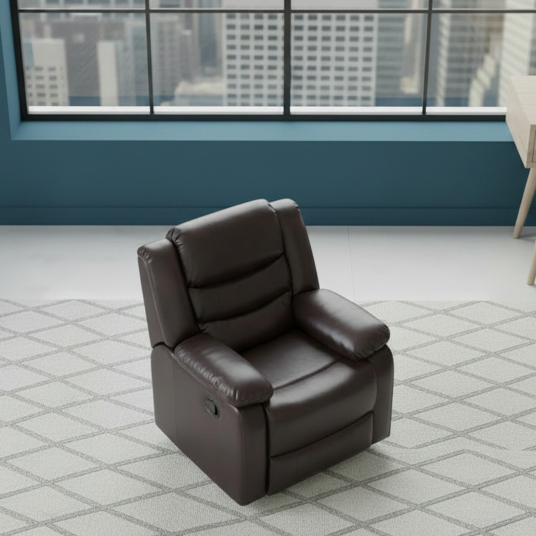 Brown recliner chair in a modern room with large windows and a desk.
