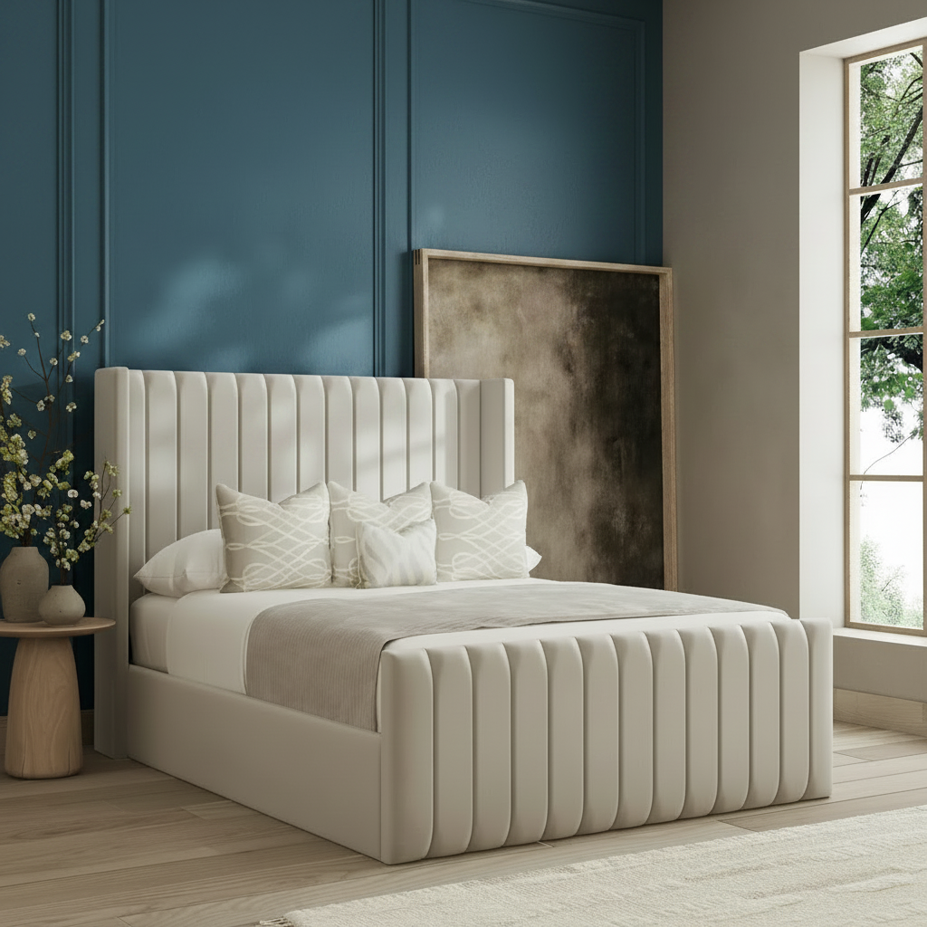 Beige upholstered bed in a modern bedroom with a neutral color scheme.