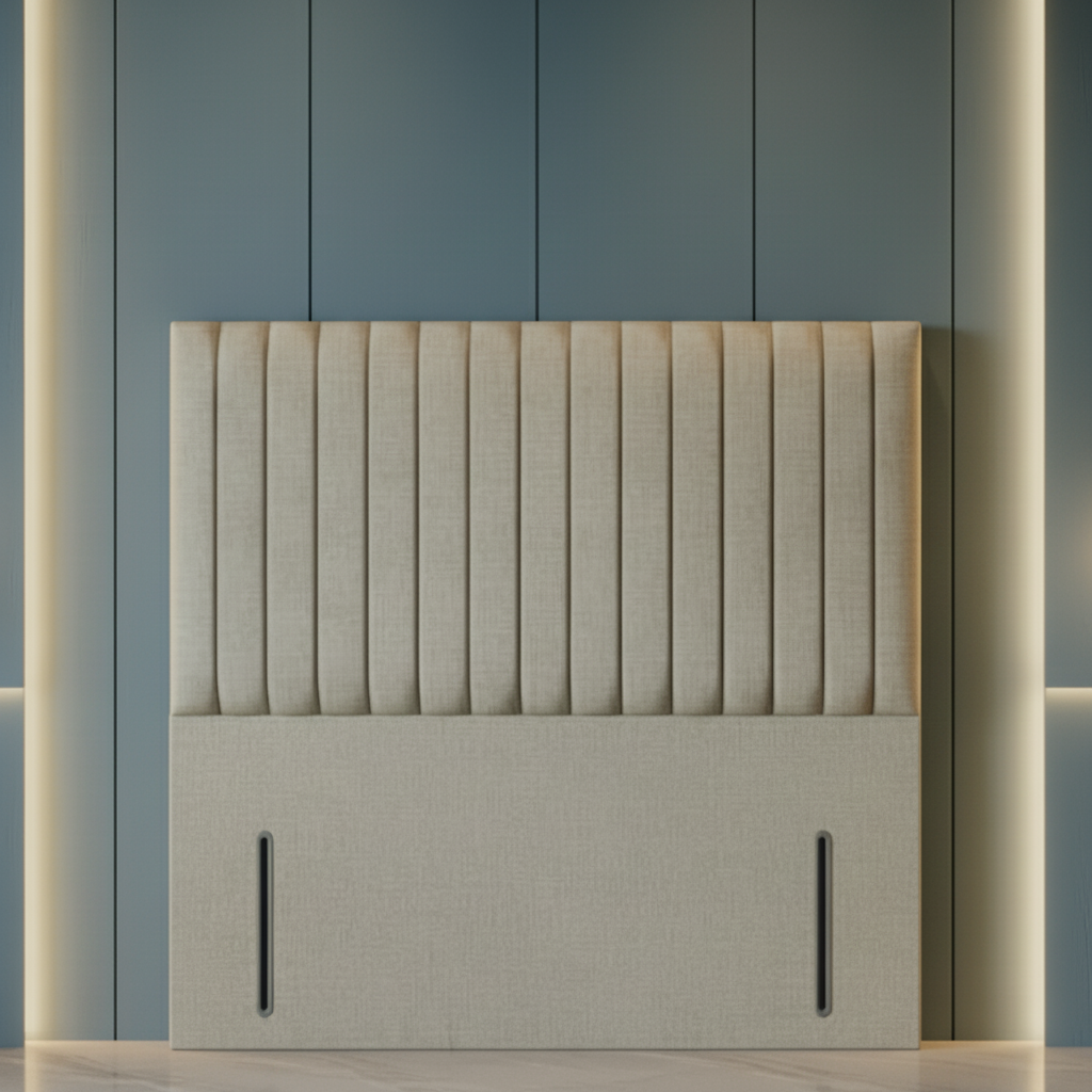 Beige upholstered headboard against a blue paneled wall with two pendant lights.