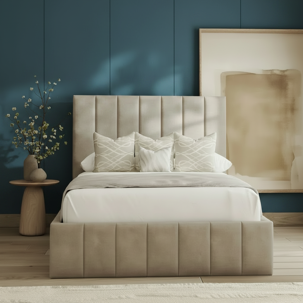 Beige upholstered bed with white bedding in a bedroom setting