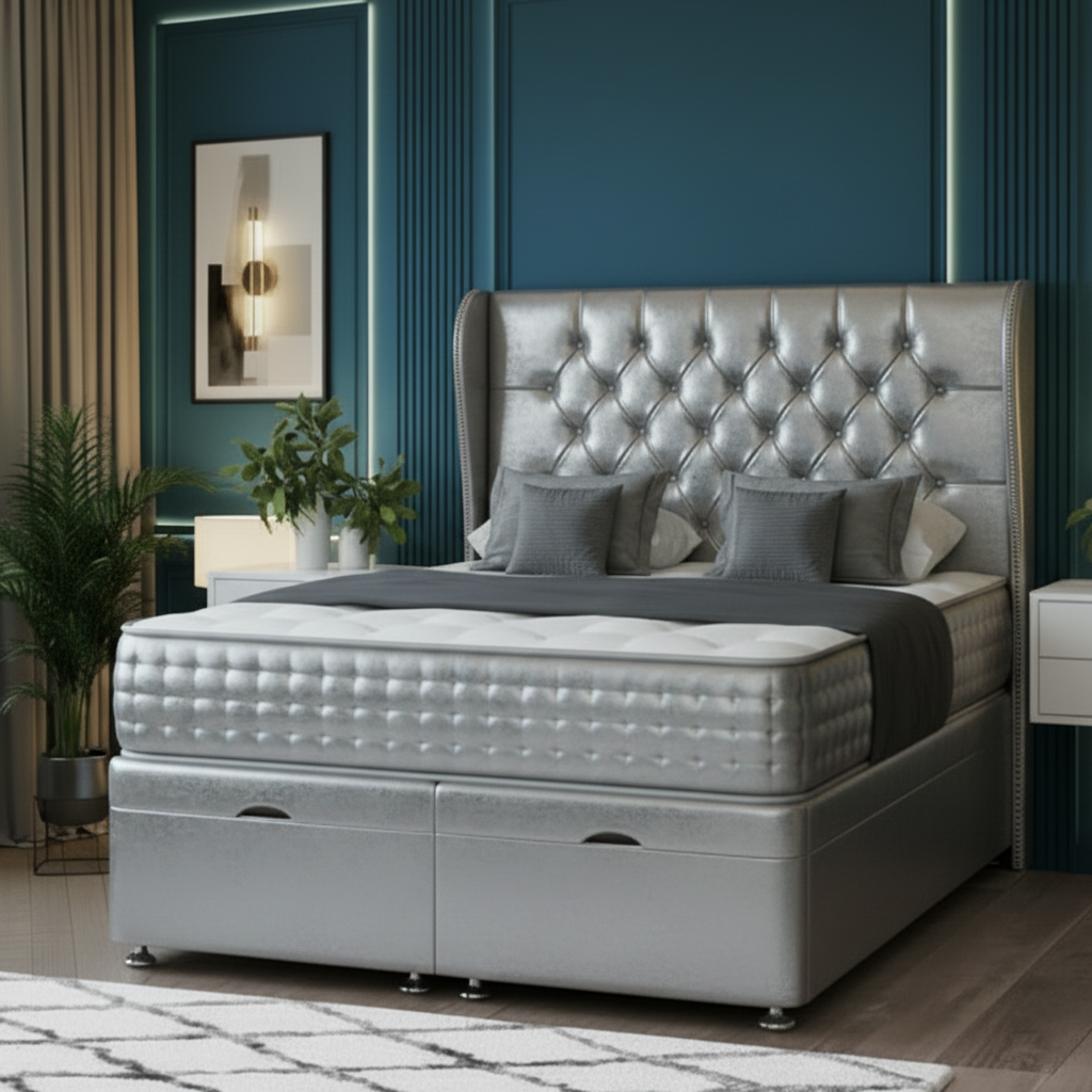 ottoman divan bed, storage bed base, wing headboard bed, upholstered divan bed, luxury ottoman bed, floorstanding headboard, uk handmade bed, gas lift storage bed, modern bedroom bed, pocket sprung bed
