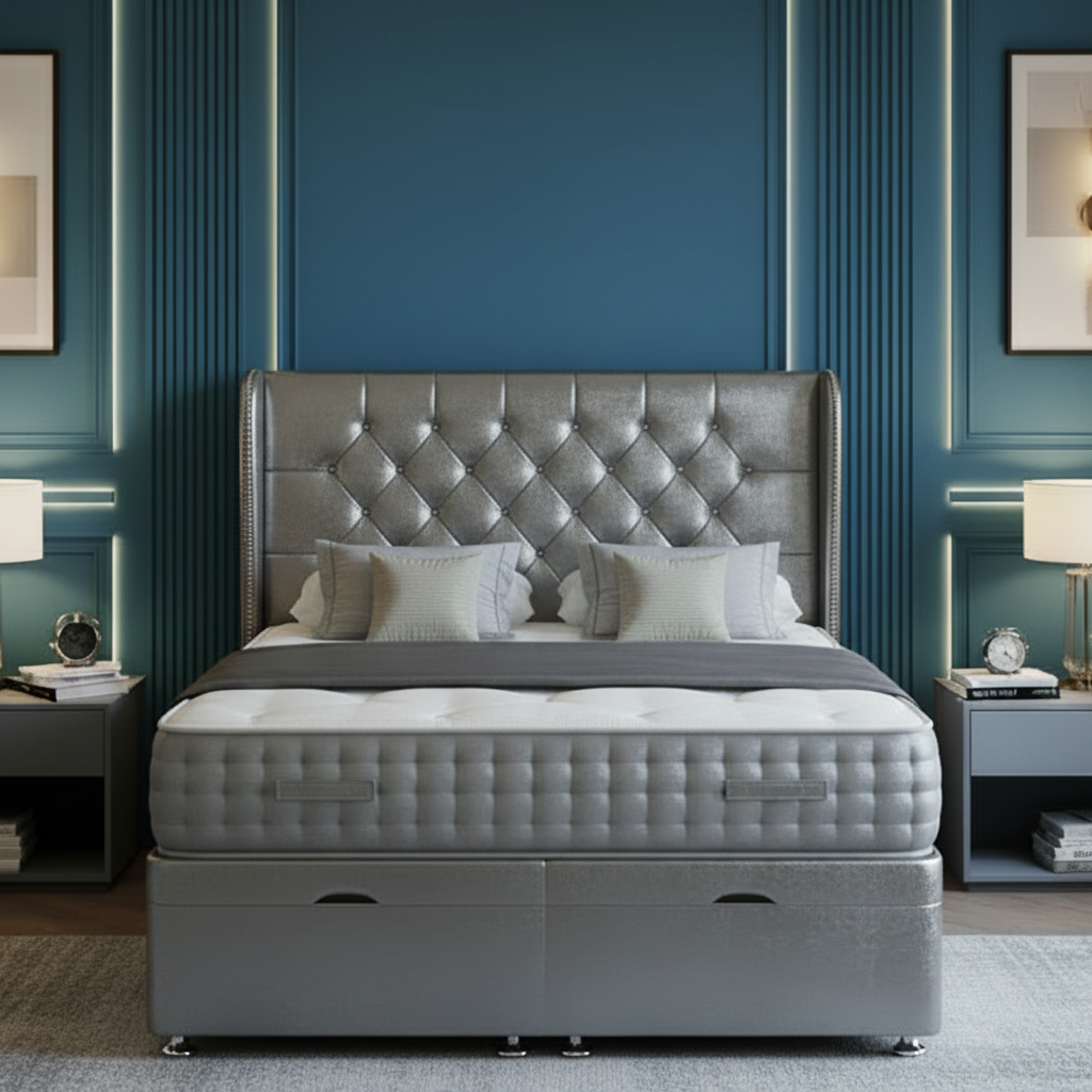 ottoman divan bed, storage bed base, wing headboard bed, upholstered divan bed, luxury ottoman bed, floorstanding headboard, uk handmade bed, gas lift storage bed, modern bedroom bed, pocket sprung bed