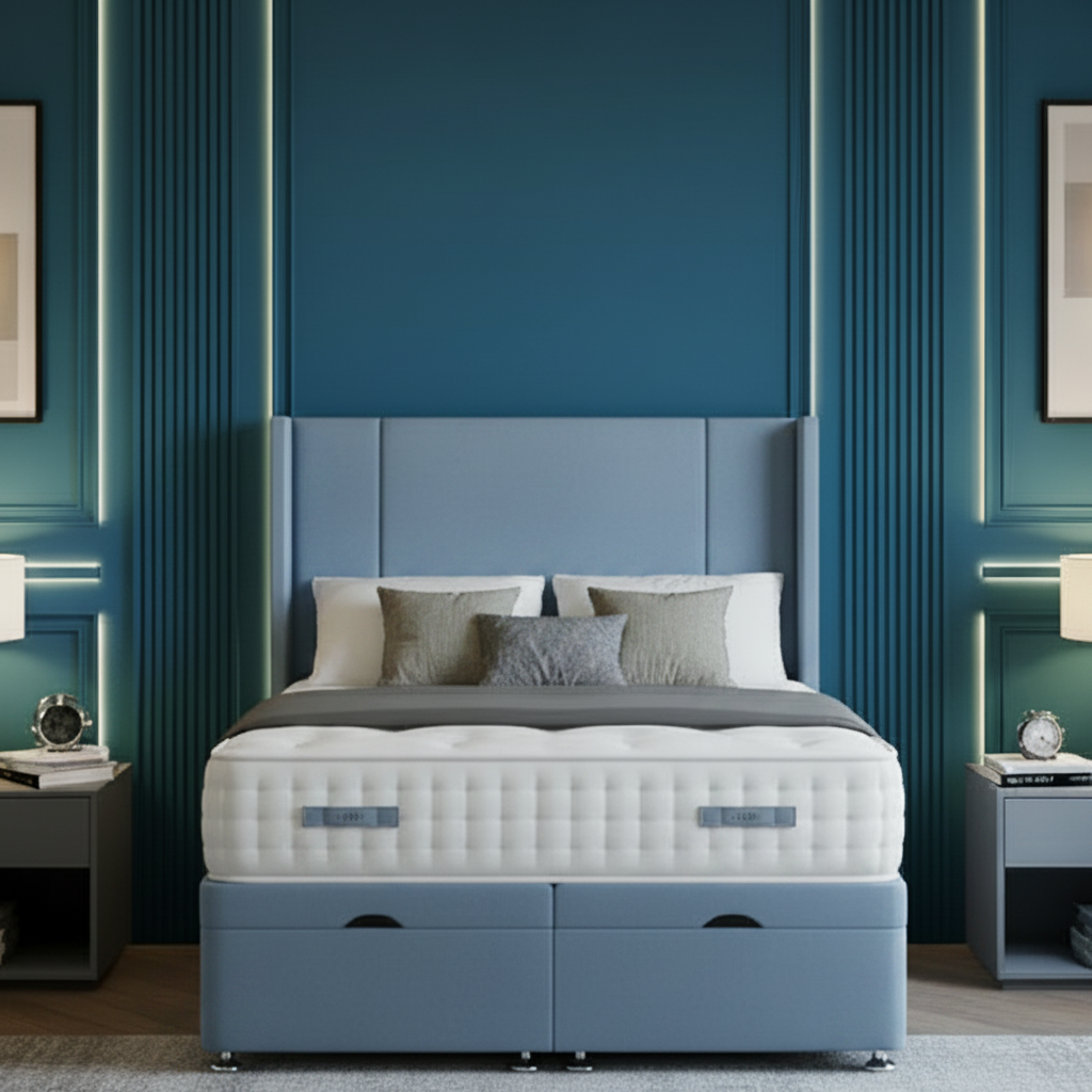 ottoman divan bed, fiona wing bed, storage divan bed, upholstered ottoman bed, luxury wing bed, floorstanding headboard bed, gas lift storage bed, pocket sprung mattress bed, modern bedroom bed, UK handmade bed