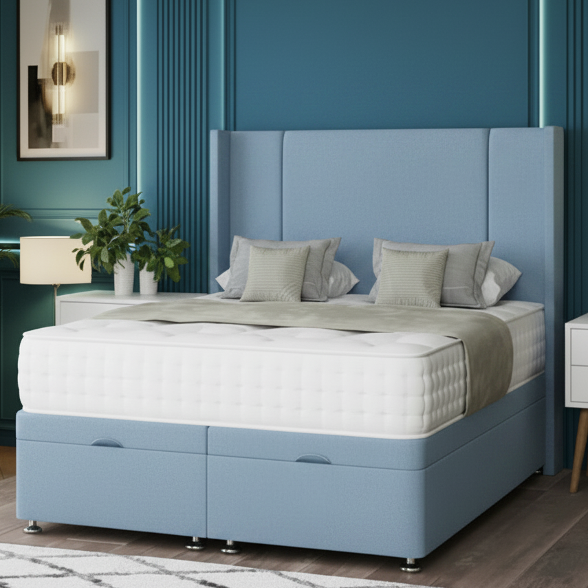 ottoman divan bed, fiona wing bed, storage divan bed, upholstered ottoman bed, luxury wing bed, floorstanding headboard bed, gas lift storage bed, pocket sprung mattress bed, modern bedroom bed, UK handmade bed