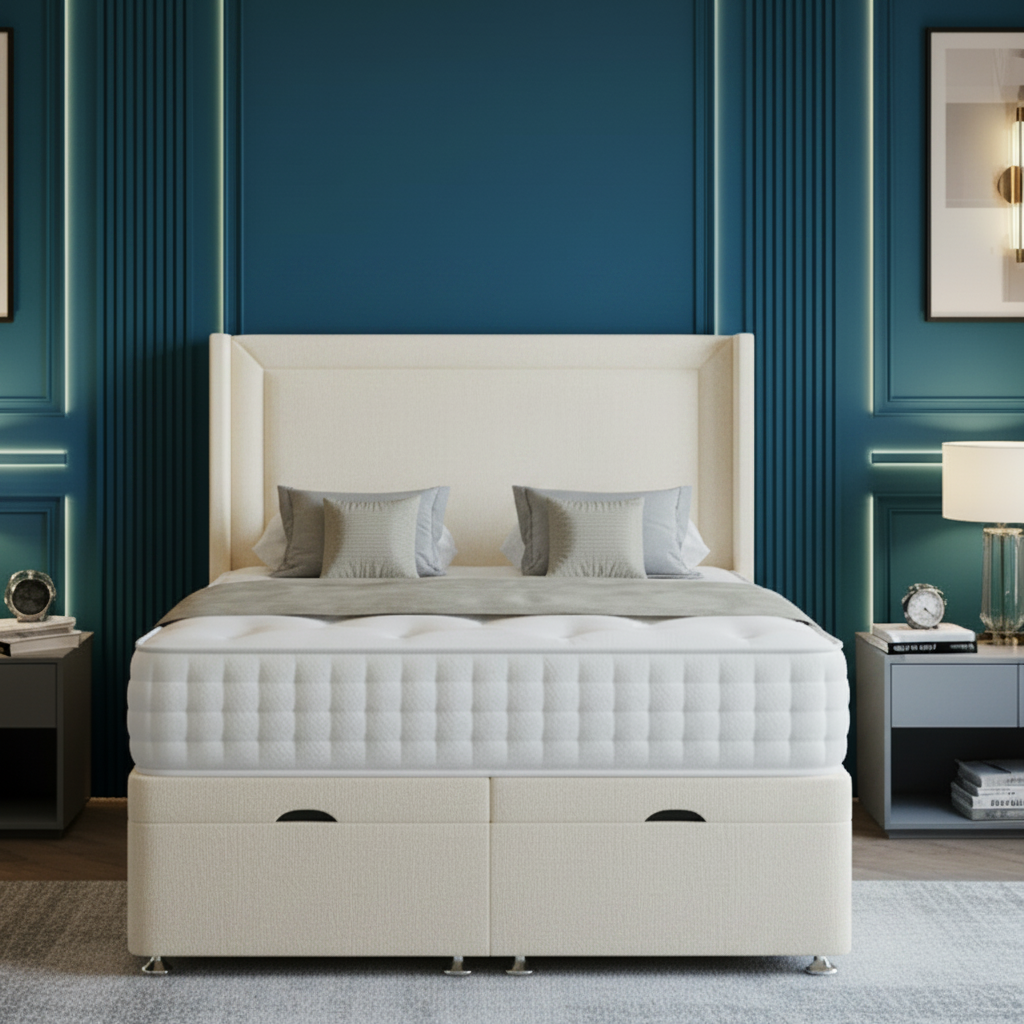Modern bedroom with gray upholstered bed, nightstands, and decorative elements.