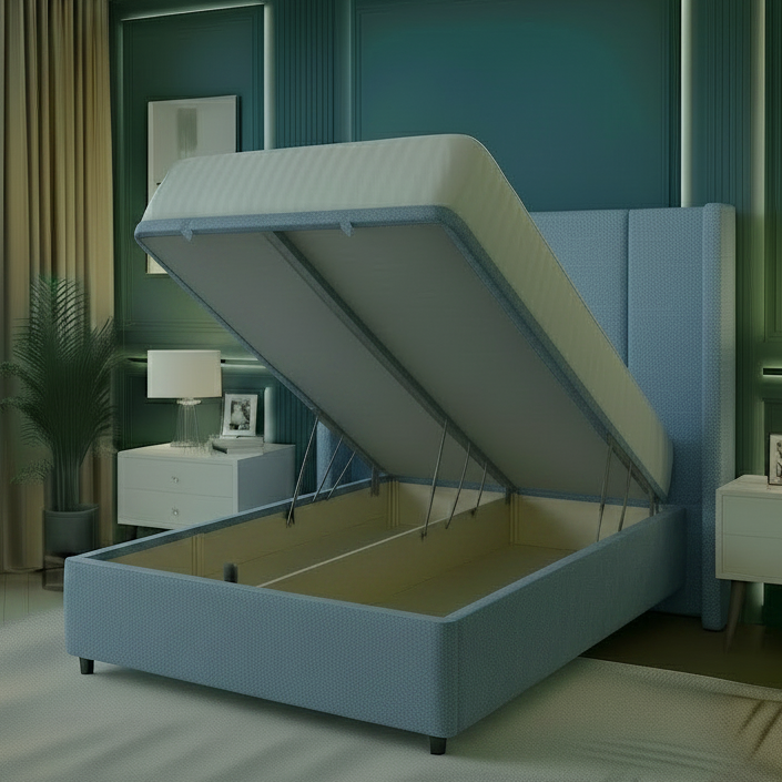 Modern bedroom with a black upholstered bed with open storage compartment.