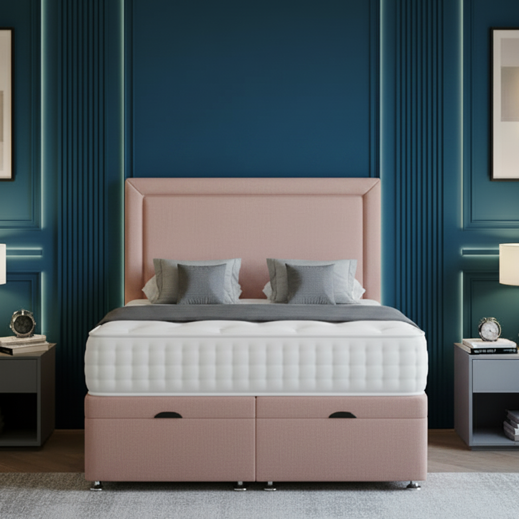 Modern bedroom with gray upholstered bed, nightstands, and wall art.