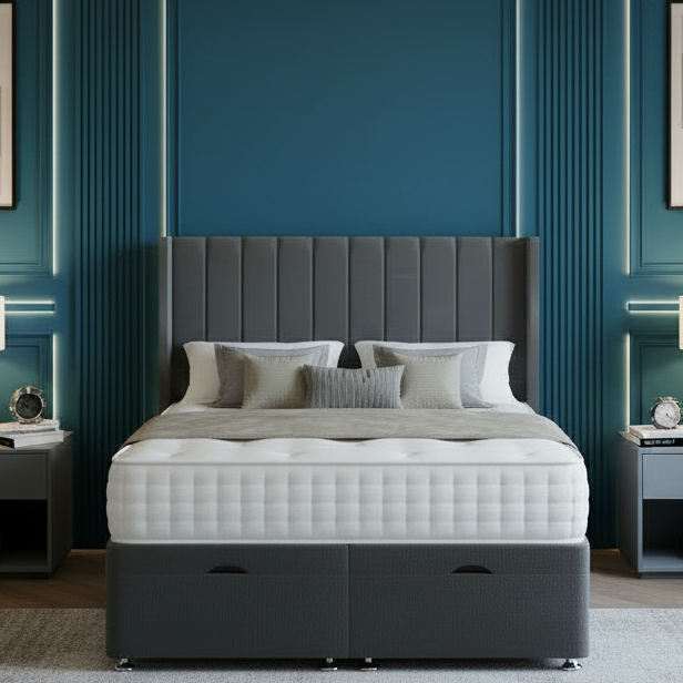 Modern bedroom with gray upholstered bed, nightstands, and decorative elements.