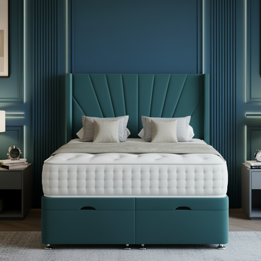 ottoman divan bed, wing headboard bed, storage divan bed, upholstered bed UK, luxury ottoman bed, floorstanding headboard, gas lift storage bed, pocket sprung mattress bed, modern bedroom bed, UK handmade bed
