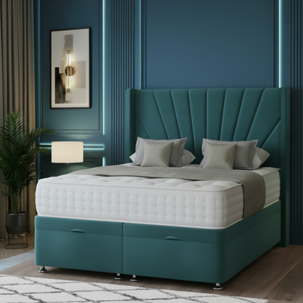 Modern bedroom with a black bed and gray walls