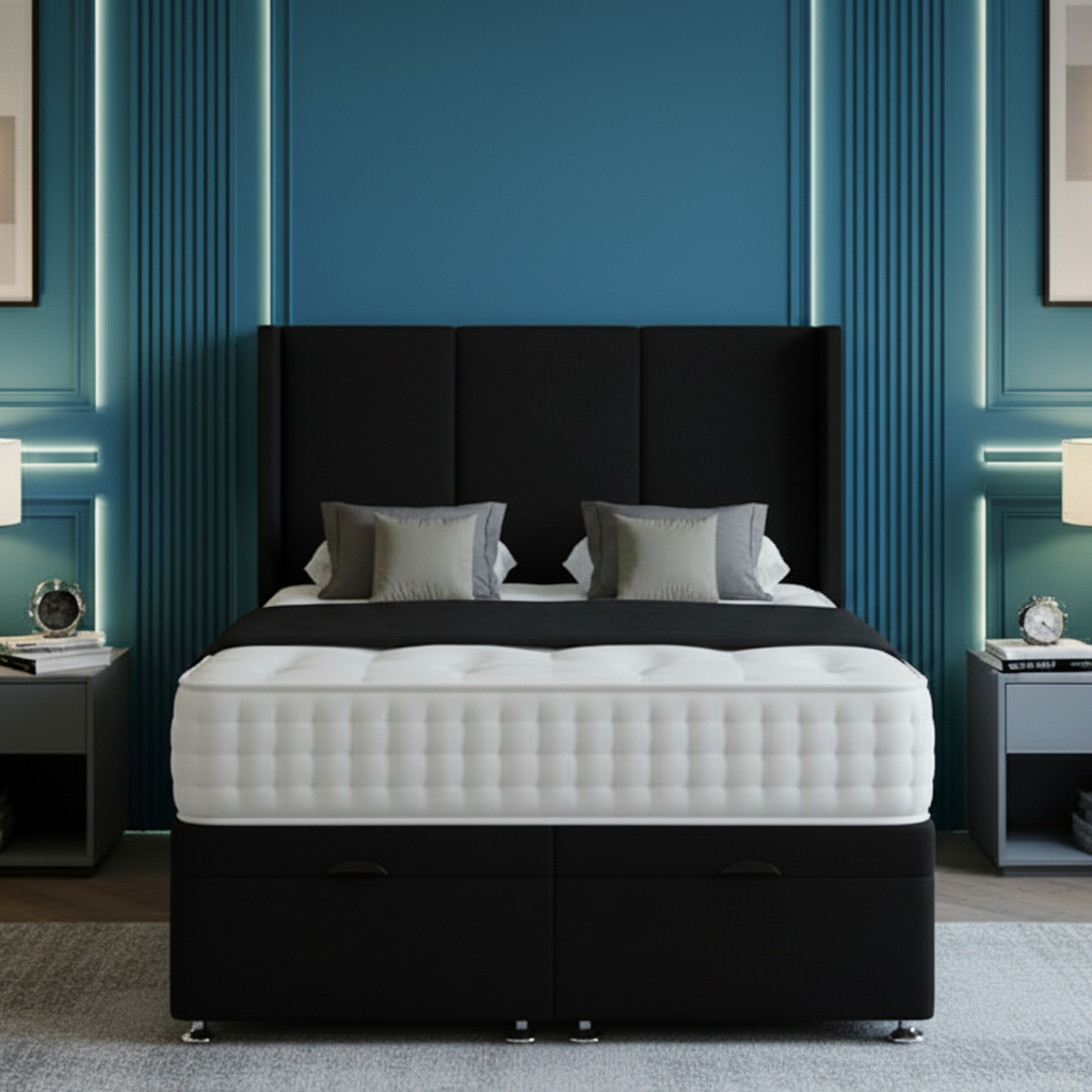 Modern bedroom with a gray bed, nightstands, and decorative elements.