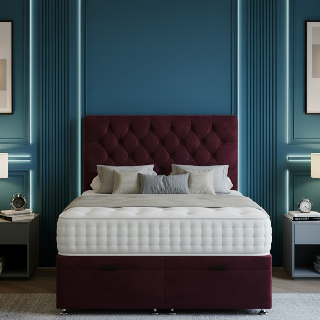 Modern bedroom with gray upholstered bed, nightstands, and decorative elements.