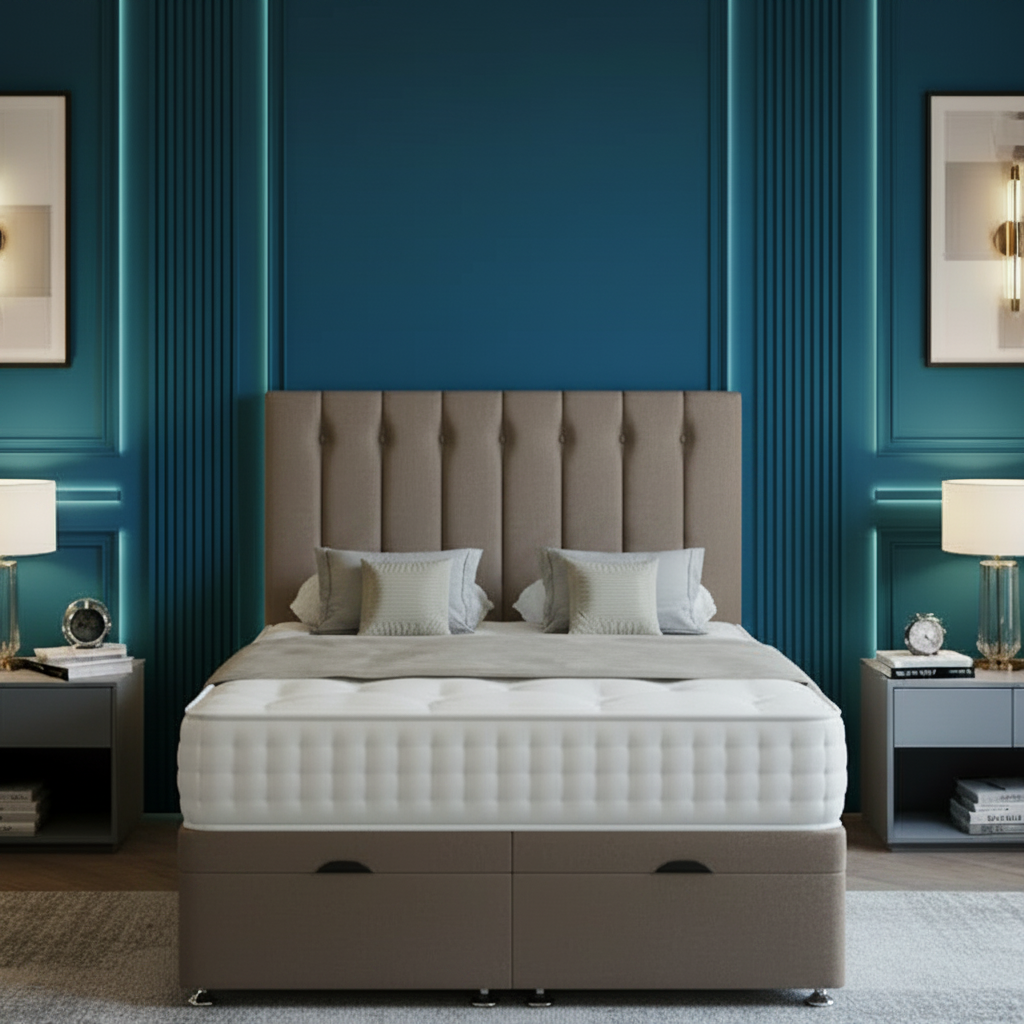 Modern bedroom with gray upholstered bed, nightstands, and decorative elements.