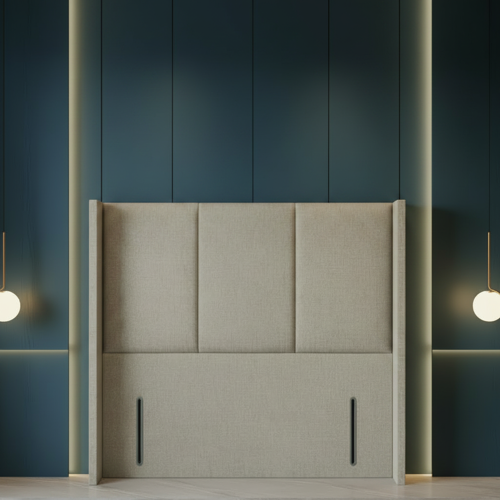Beige upholstered headboard against a dark blue wall with pendant lights.
