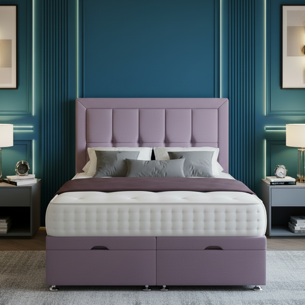 Modern bedroom with gray upholstered bed, nightstands, and decorative elements.