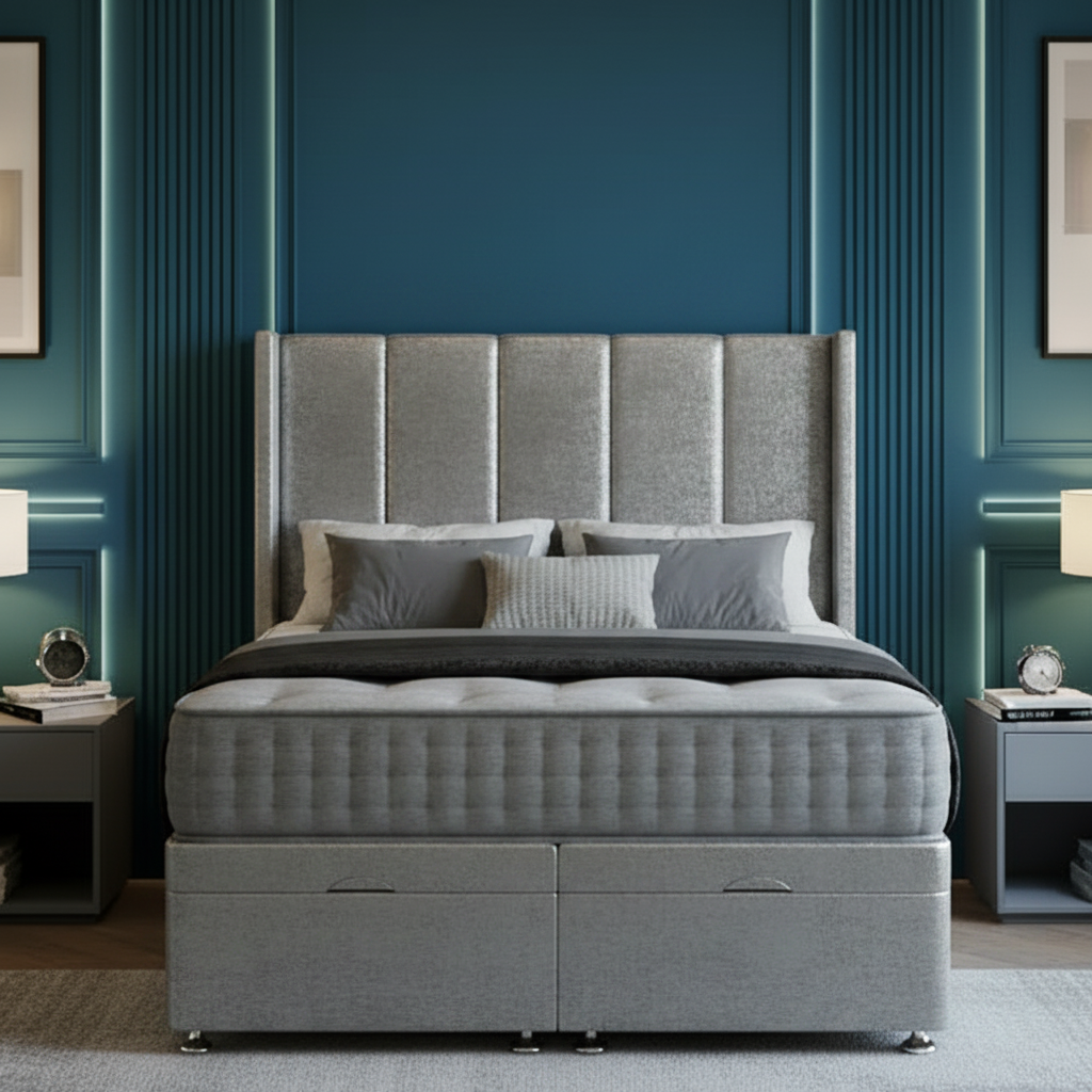 Modern bedroom with gray upholstered bed, nightstands, and decorative elements.