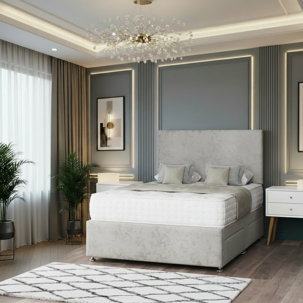 leah divan bed, luxury divan bed uk, storage divan bed frame, upholstered fabric divan bed, pocket sprung mattress bed, memory foam divan bed, handmade uk bed frame, modern bedroom divan bed, storage bed with drawers, premium upholstered bed set