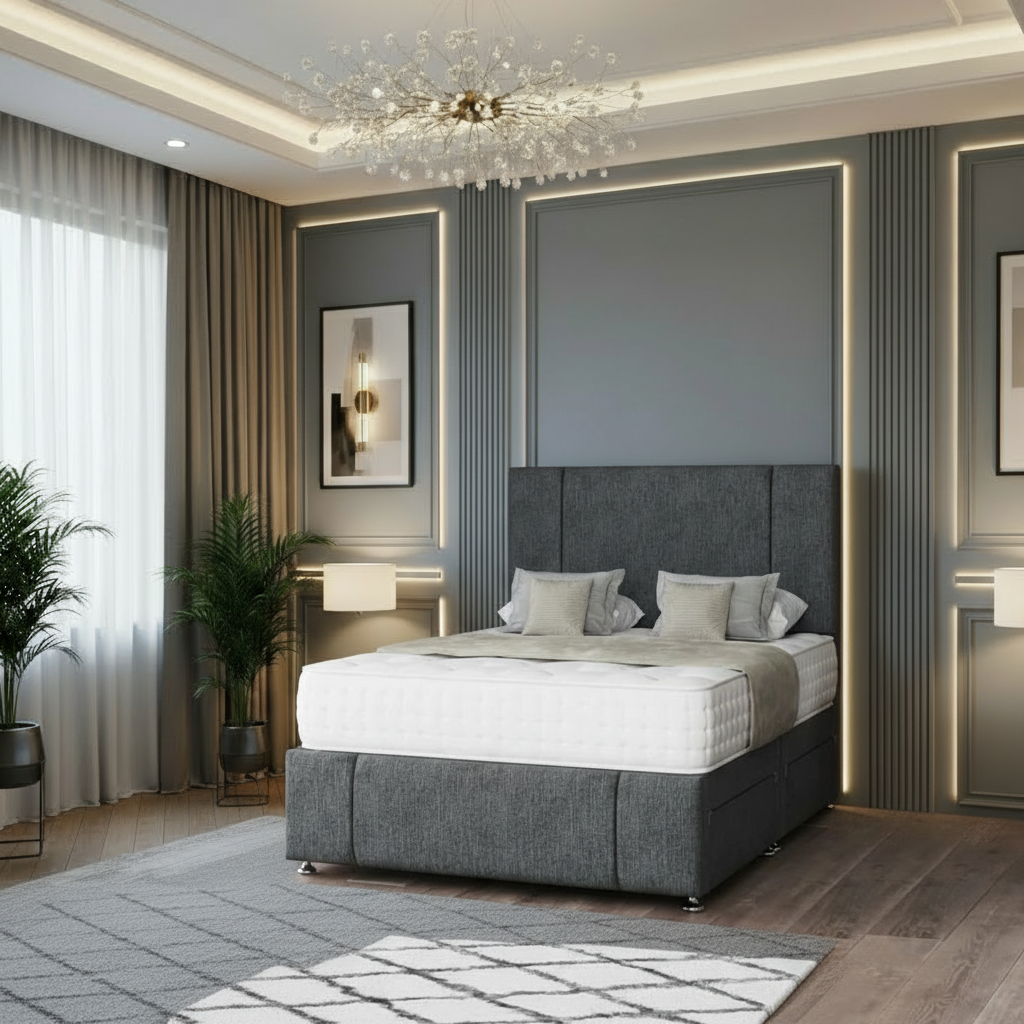 lotus divan bed, storage divan bed, luxury upholstered bed, fabric divan bed set, pocket sprung mattress bed, memory foam divan bed, uk handmade bed, bedroom storage bed, modern divan bed, upholstered headboard bed