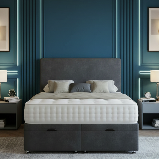 Modern bedroom with a bed, nightstands, and decorative elements.