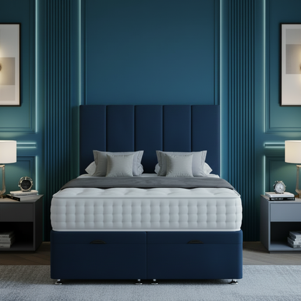 Modern bedroom with gray upholstered bed, nightstands, and decorative elements.