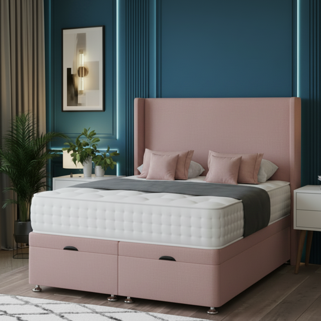 ottoman divan bed, wing headboard bed, maverick divan bed, storage ottoman bed, luxury upholstered bed, floorstanding headboard bed, gas lift storage bed, pocket sprung mattress bed, modern bedroom bed, UK handmade bed