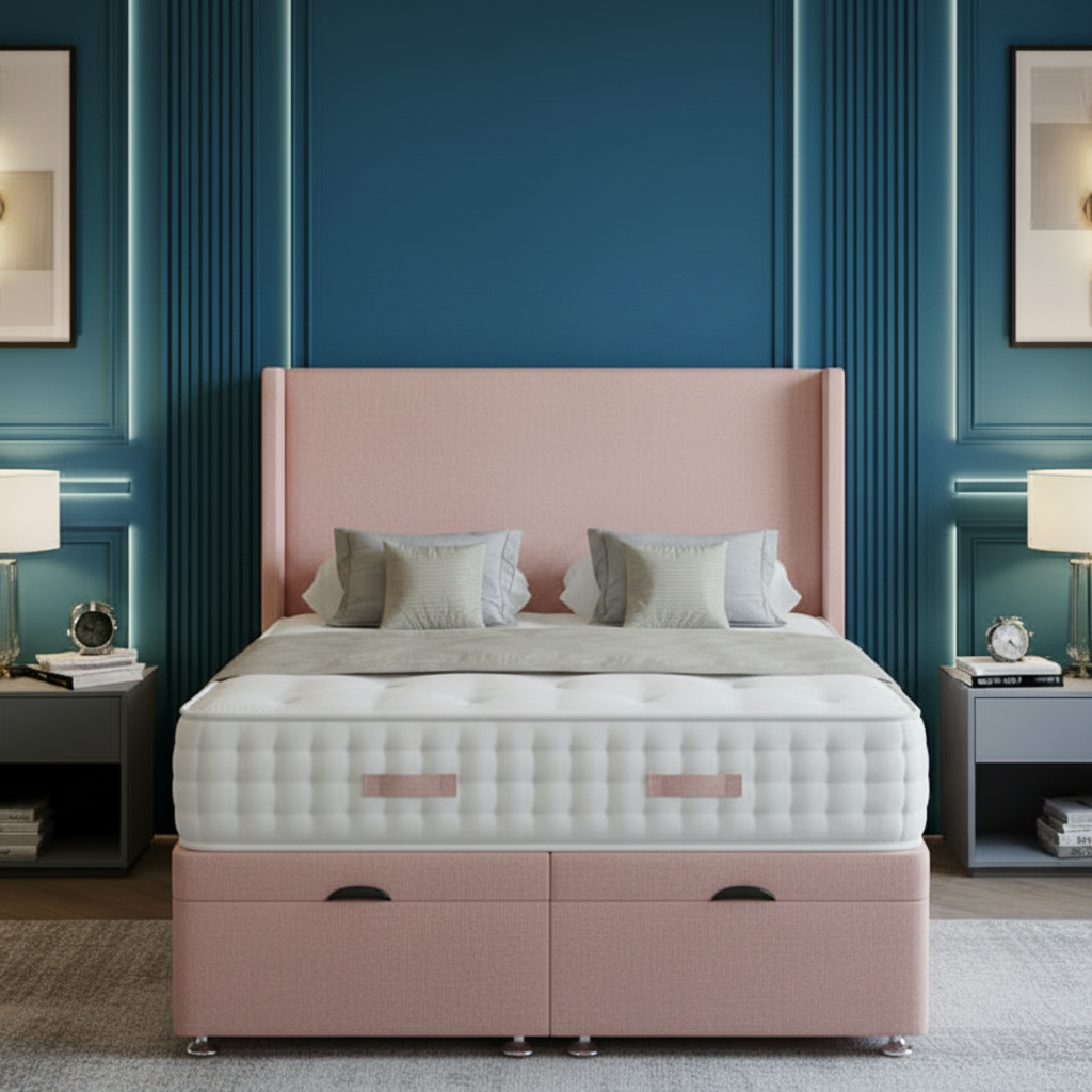 ottoman divan bed, wing headboard bed, maverick divan bed, storage ottoman bed, luxury upholstered bed, floorstanding headboard bed, gas lift storage bed, pocket sprung mattress bed, modern bedroom bed, UK handmade bed
