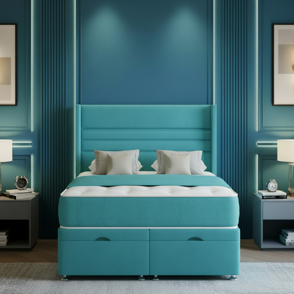 Modern bedroom with a bed, nightstands, and decorative elements.